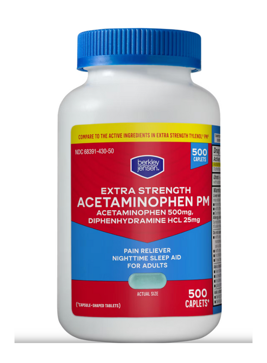 Berkley Jensen Extra Strength Acetaminophen PM Caplets 500 Count Nighttime Pain Reliever & Sleep Aid