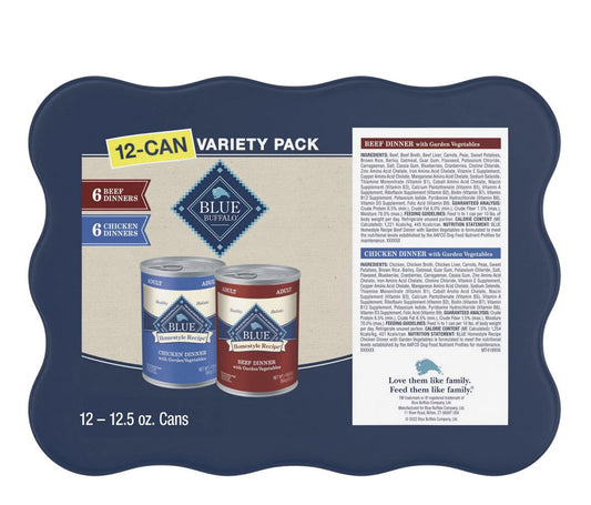 Blue Buffalo Homestyle Beef Dinner and Chicken Dinner ingredients and guaranteed analysis