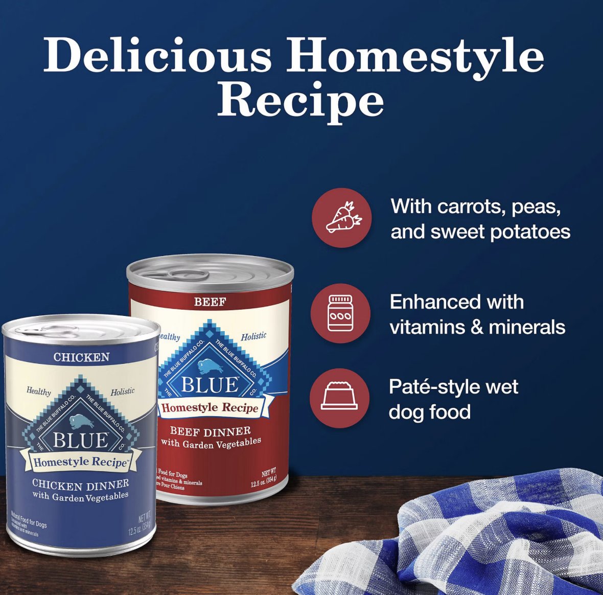 Blue Buffalo Homestyle Recipe paté wet dog food with carrots, peas and sweet potatoes