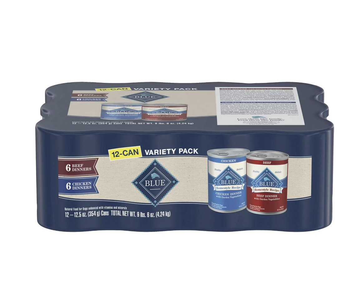 Blue Buffalo Homestyle Recipe Wet Dog Food 12-Can Variety Pack, 6 Beef and 6 Chicken Dinners