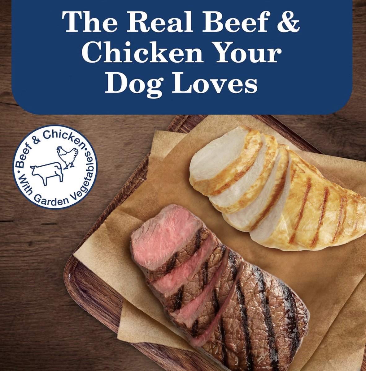 Blue Buffalo wet dog food made with real beef and chicken with garden vegetables