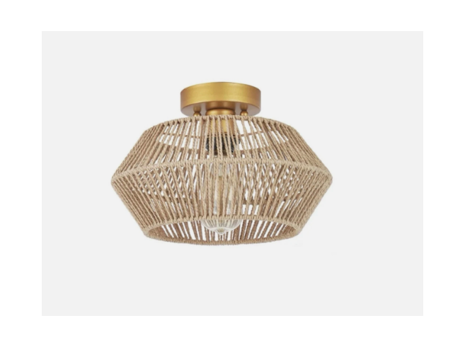 Boho Woven Rattan Semi Flush Mount Ceiling Light Gold Brass, Geometric Rope Shade, E26