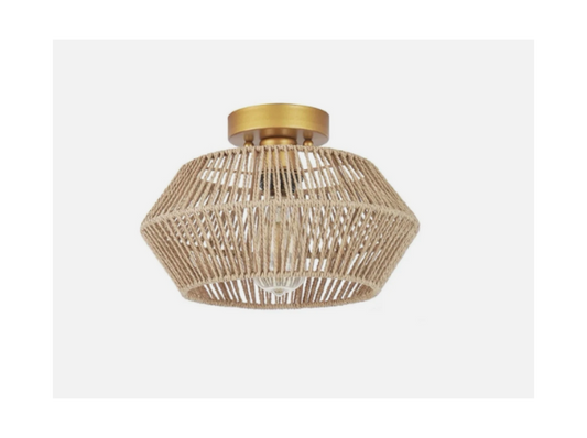 Boho Woven Rattan Semi Flush Mount Ceiling Light Gold Brass, Geometric Rope Shade, E26