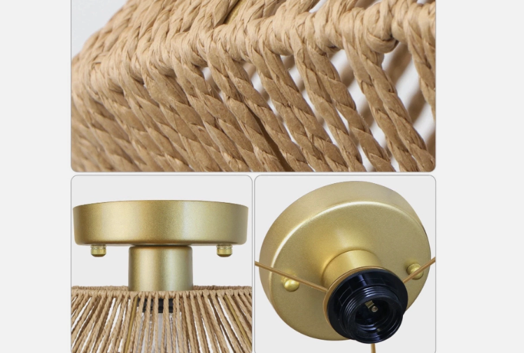 Boho Woven Rattan Semi Flush Mount Ceiling Light Gold Brass, Geometric Rope Shade, E26 - view 3
