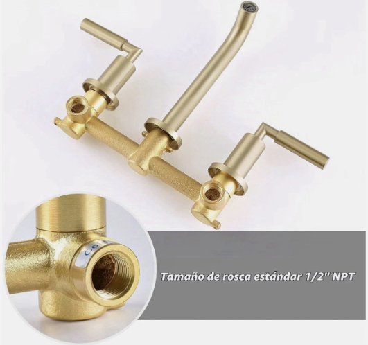 Brushed Gold Wall Mount Bathroom Sink Faucet 2-Handle Modern Lavatory Faucet with Solid Brass Valve - view 4
