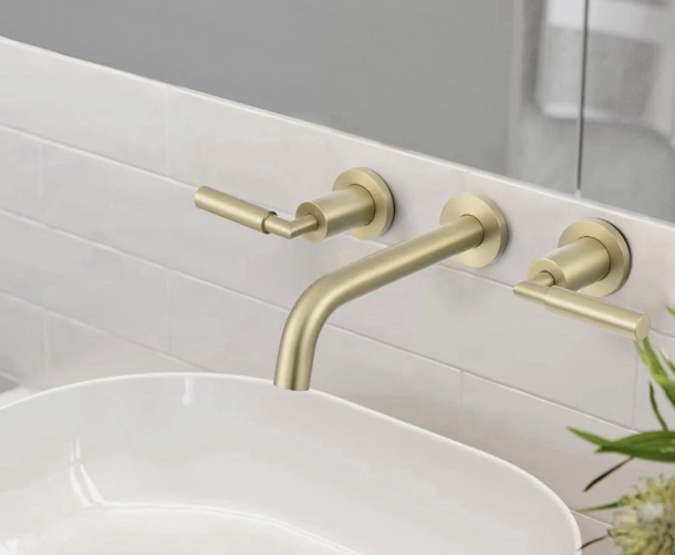 Brushed Gold Wall Mount Bathroom Sink Faucet 2-Handle Modern Lavatory Faucet with Solid Brass Valve - view 5