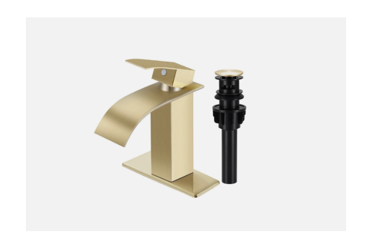 Brushed Gold Waterfall Bathroom Sink Faucet – Single Handle, Pop-Up Drain, Deck Plate & Supply Lines