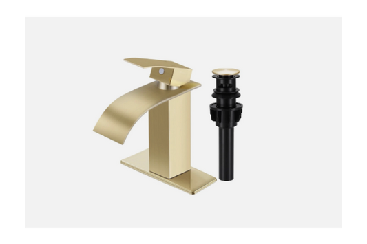 Brushed Gold Waterfall Bathroom Sink Faucet – Single Handle, Pop-Up Drain, Deck Plate & Supply Lines