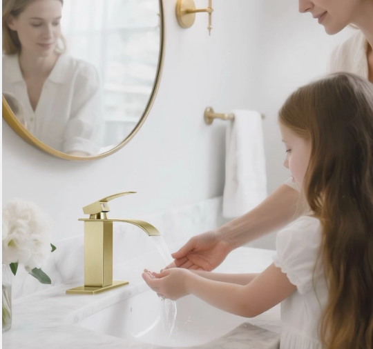 Brushed Gold Waterfall Bathroom Sink Faucet – Single Handle, Pop-Up Drain, Deck Plate & Supply Lines - view 2