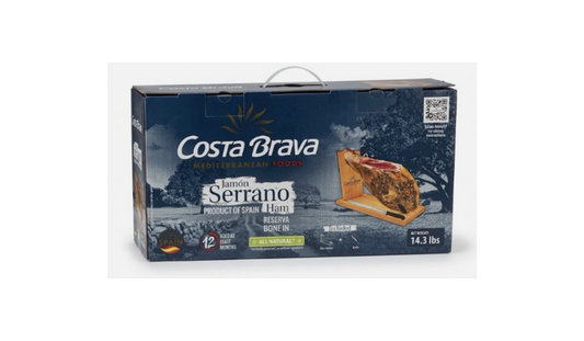 Costa Brava Serrano Reserva Bone-In Spanish Ham 14.3 lb 12 Month Aged with Stand & Knife