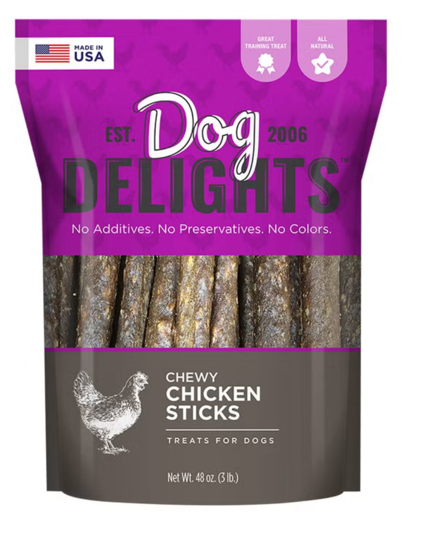 Dog Delights Chewy Chicken Sticks treats for dogs, 48 oz (3 lb) bag, made in USA