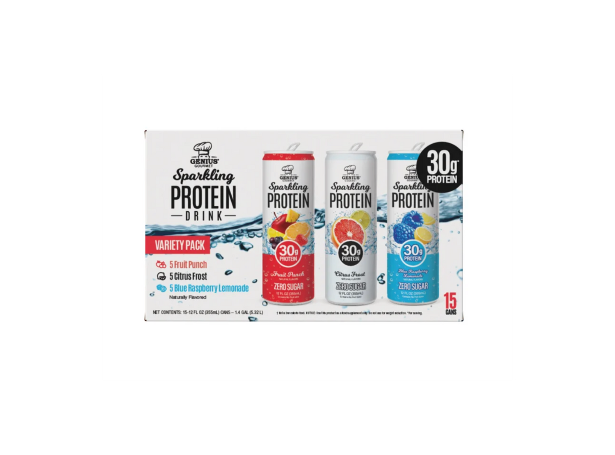Genius Gourmet Sparkling Clear 30g Protein Drink Variety Pack, 12 fl oz Cans, 15 Pack