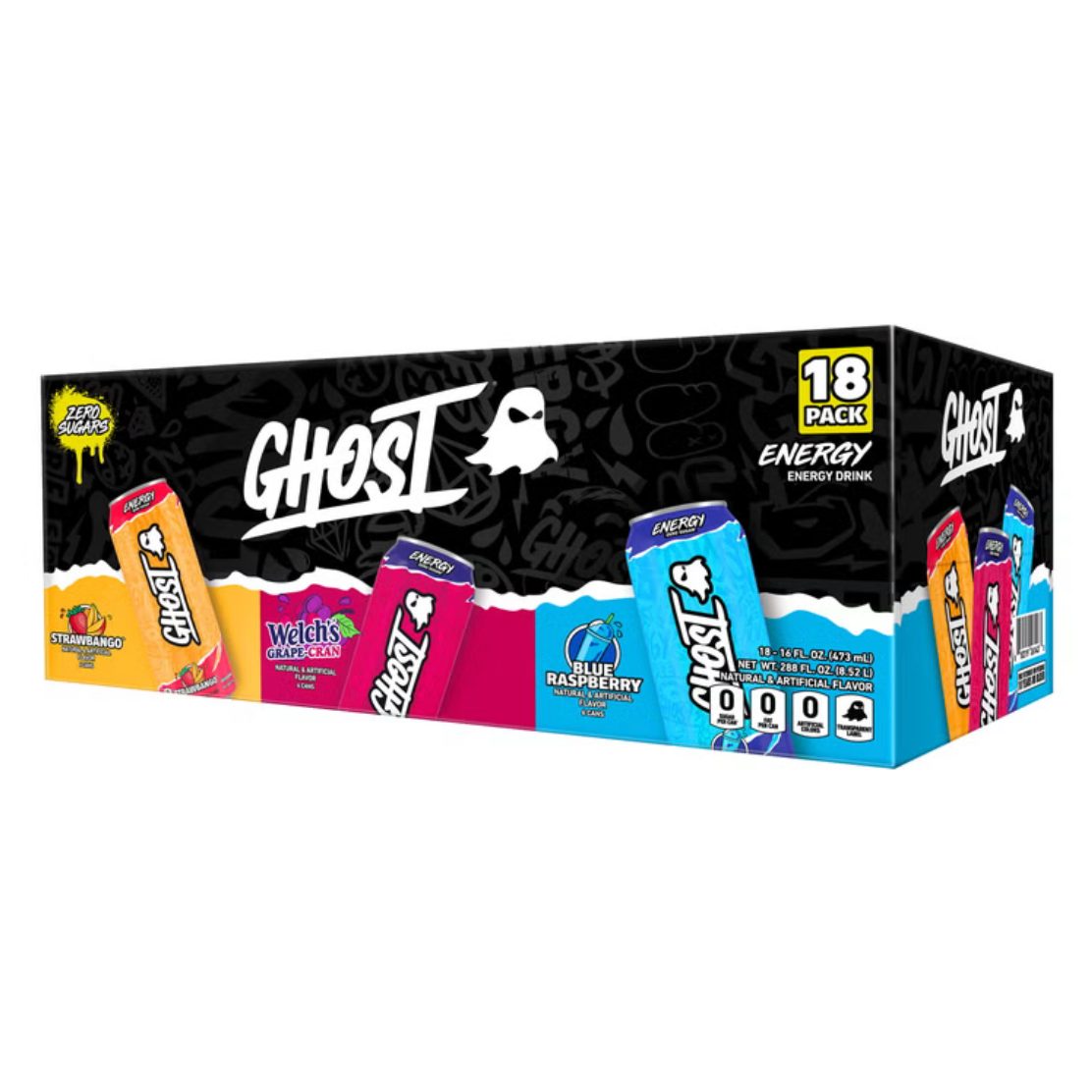 Ghost Energy Drink Variety Pack box with 18 cans of 16 fl oz, zero sugar
