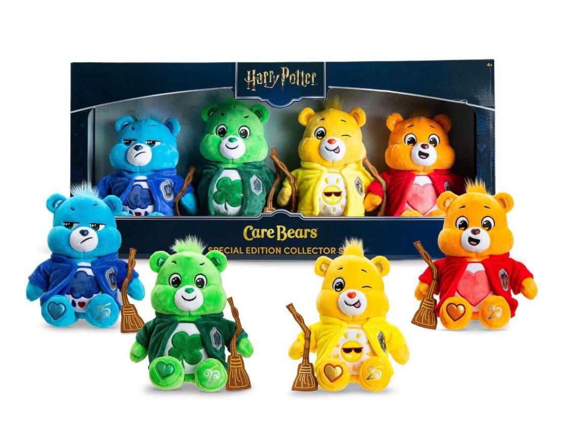Harry Potter x Care Bears collector box set shown with the 4 plush bears out of the box