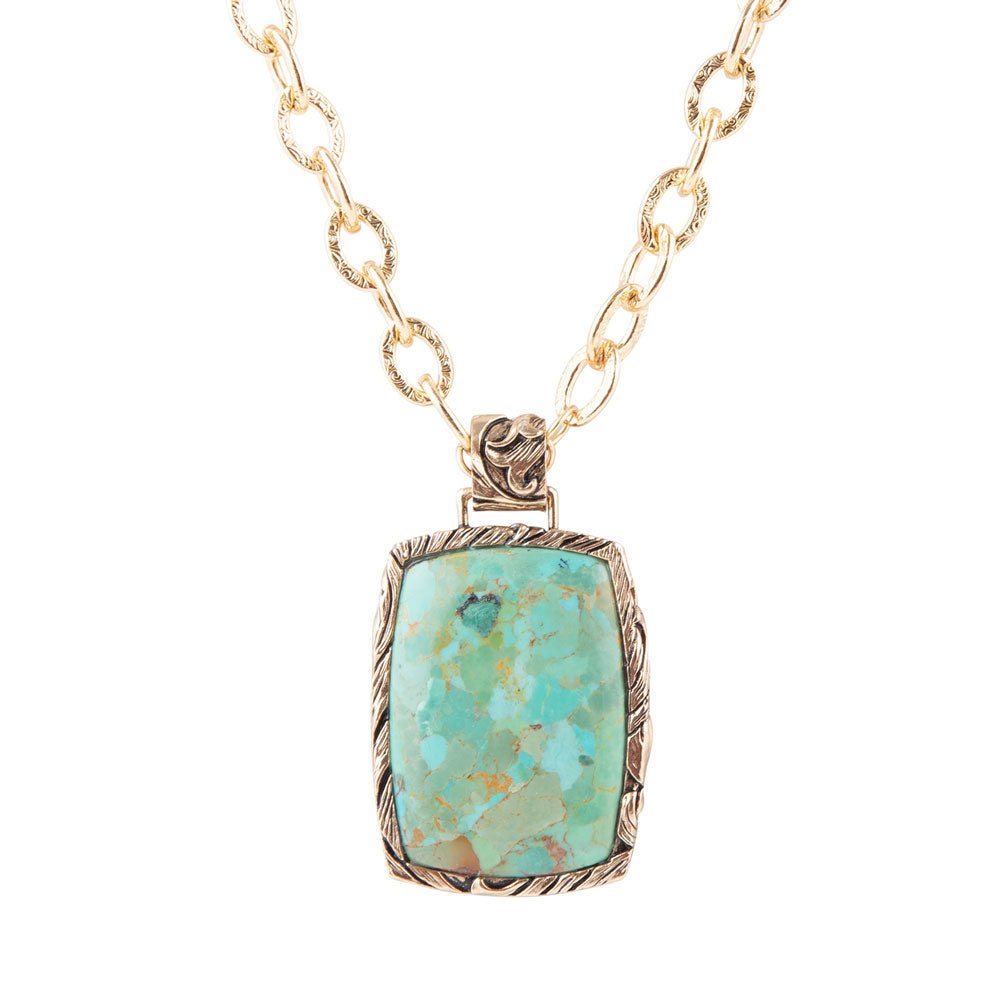Barse Jacquard Genuine Blue Turquoise & Bronze Pendant Necklace, 18.5" Chain with 2" Extender, Floral Detail
