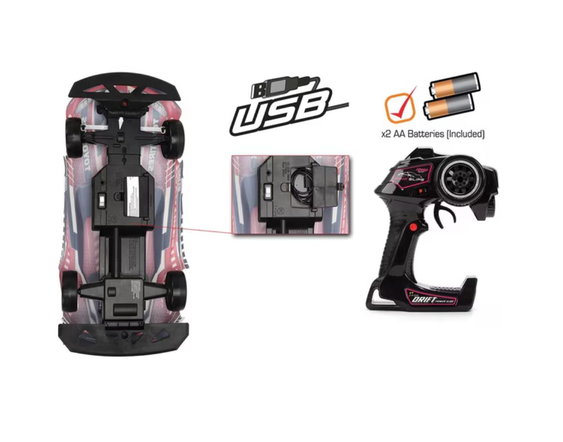 Underside of Jada Pink Slips GR Supra RC car with USB charging cable, 2 AA batteries included