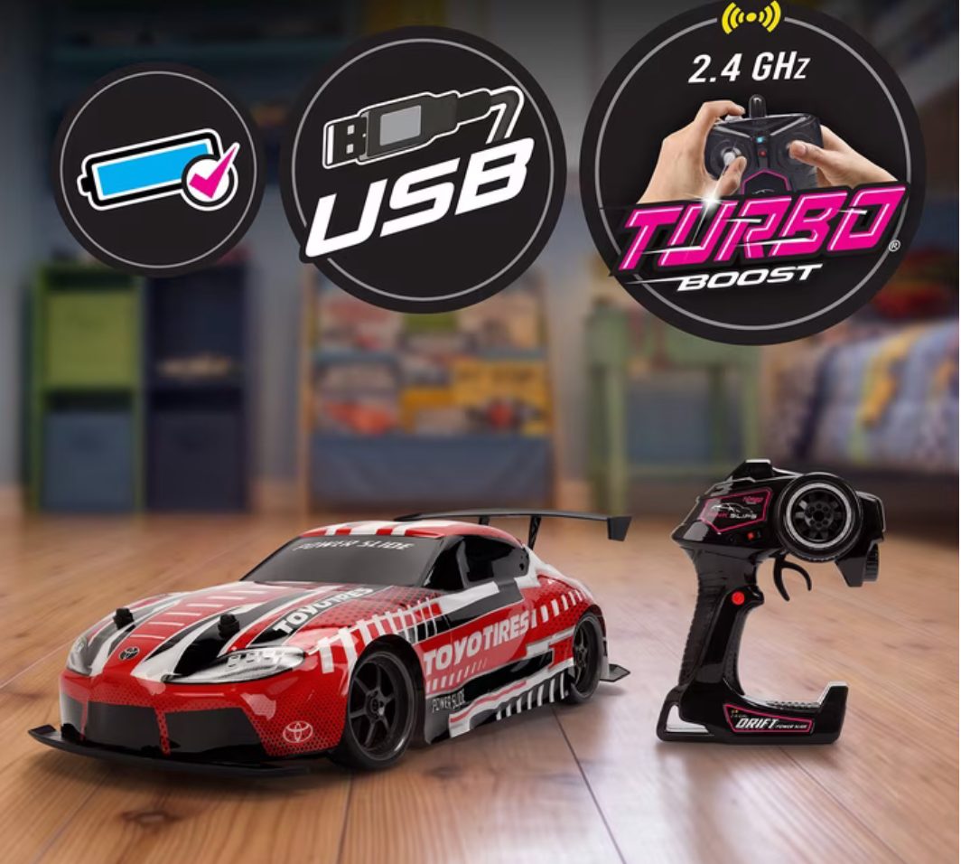 Jada Pink Slips GR Supra RC features: battery, USB charging, 2.4GHz Turbo Boost remote