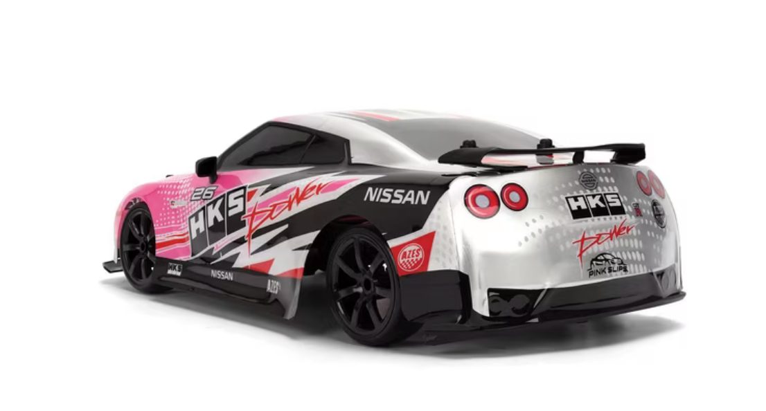 Rear view of Jada Pink Slips Nissan GT-R R35 RC car with HKS Power livery