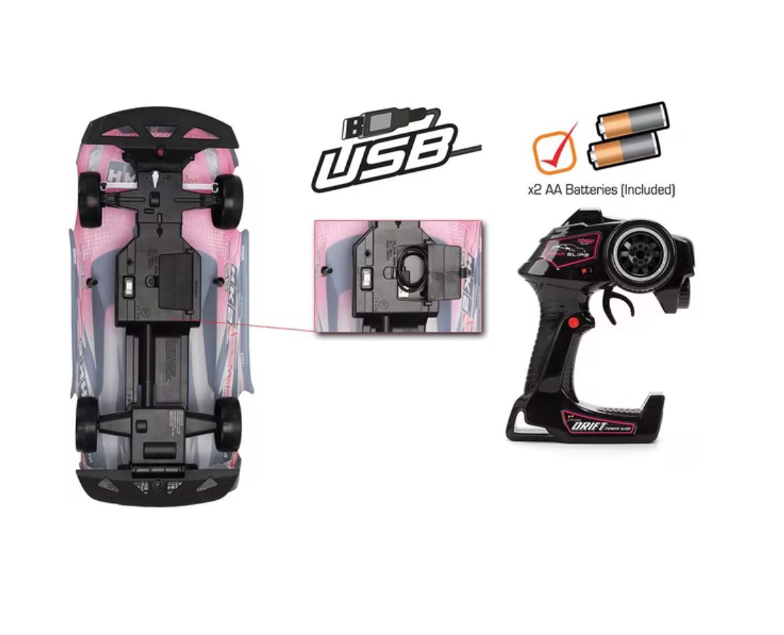 Underside of Jada Pink Slips GT-R RC car with USB charging cable, 2 AA batteries included
