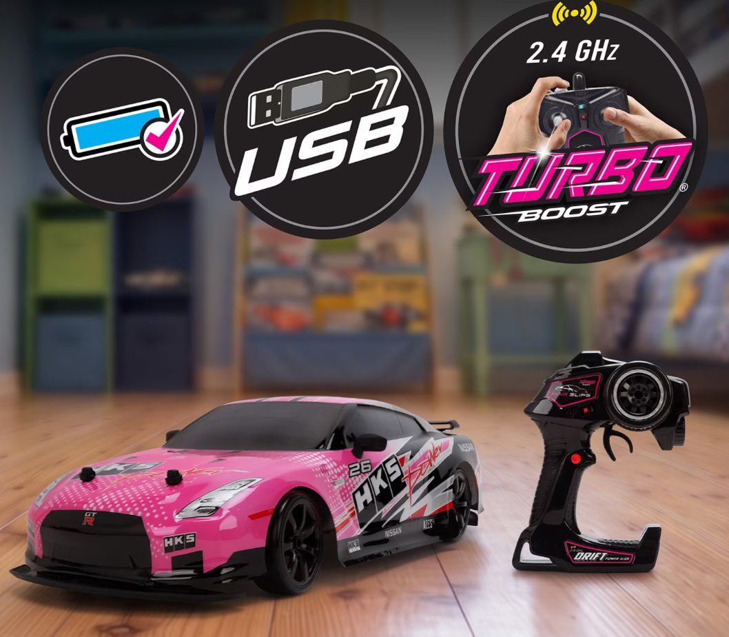 Jada Pink Slips GT-R RC car features: battery, USB charging, 2.4GHz Turbo Boost remote