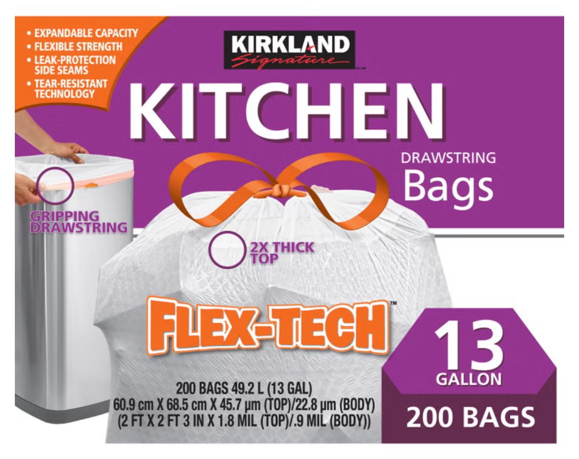 Kirkland Signature Flex-Tech 13 Gallon Kitchen Drawstring Trash Bags 200 Count box