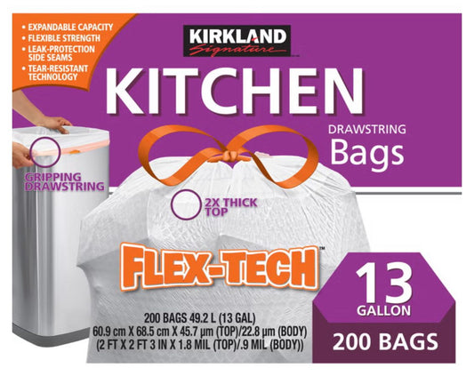 Kirkland Signature Flex-Tech 13 Gallon Kitchen Drawstring Trash Bags 200 Count box