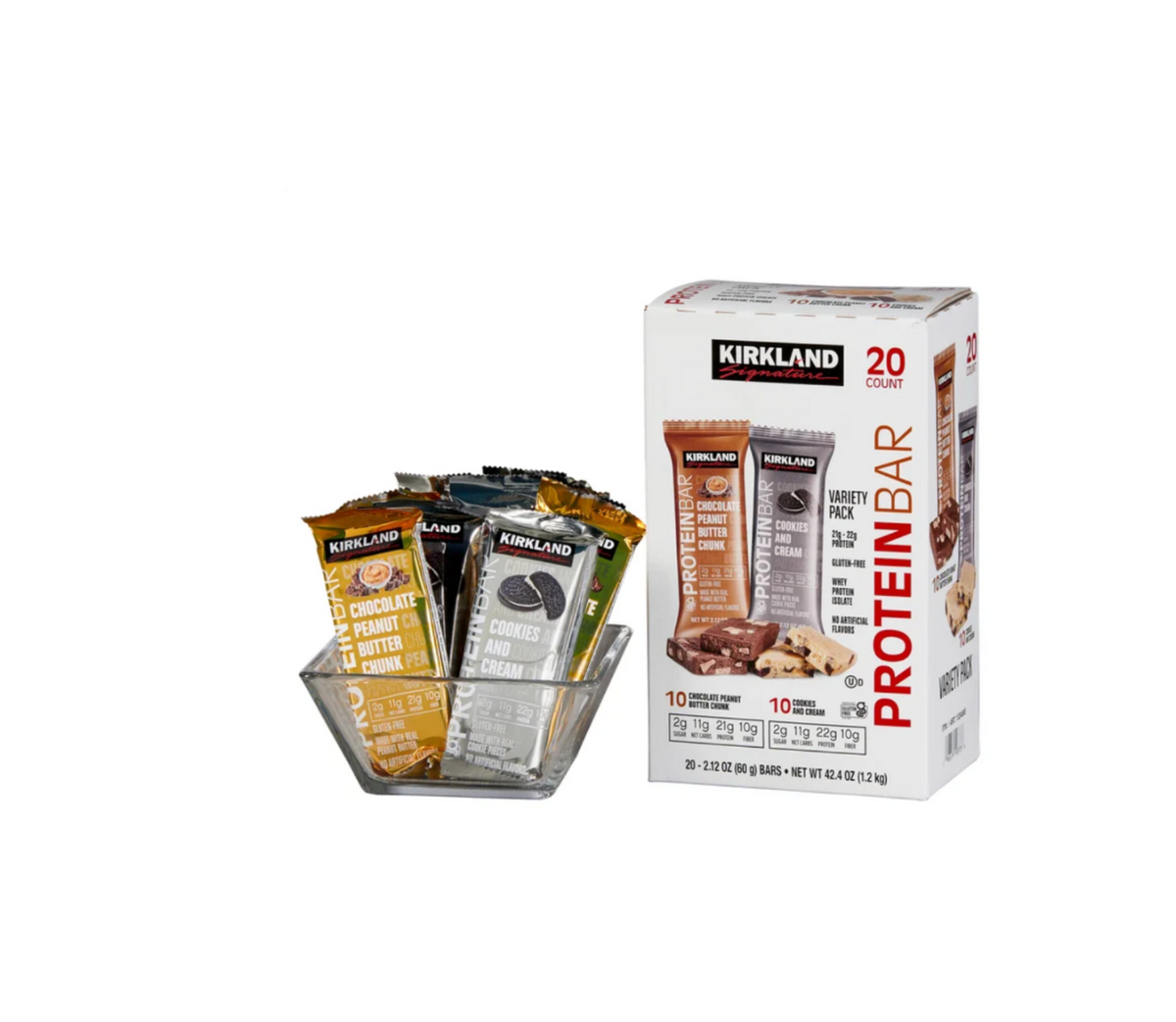 Kirkland Signature Protein Bars Variety Pack Chocolate Peanut Butter Chunk & Cookies & Cream, 20 Count 21–22g Whey Protein - view 2