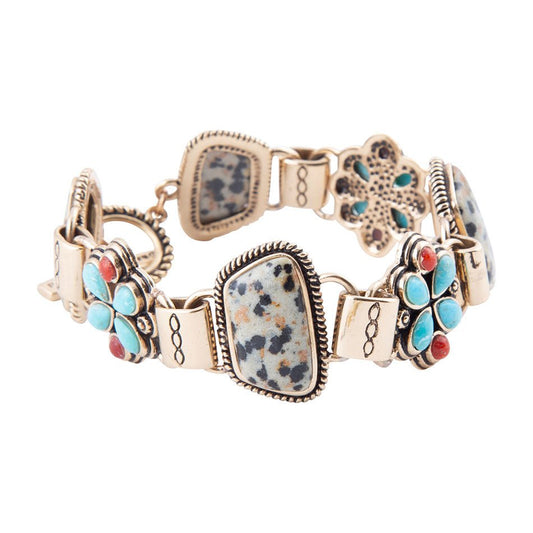 Barse Legacy Genuine Blue Turquoise, Orange Coral & Dalmatian Jasper Bronze Link Bracelet, 8.25" with Toggle Clasp