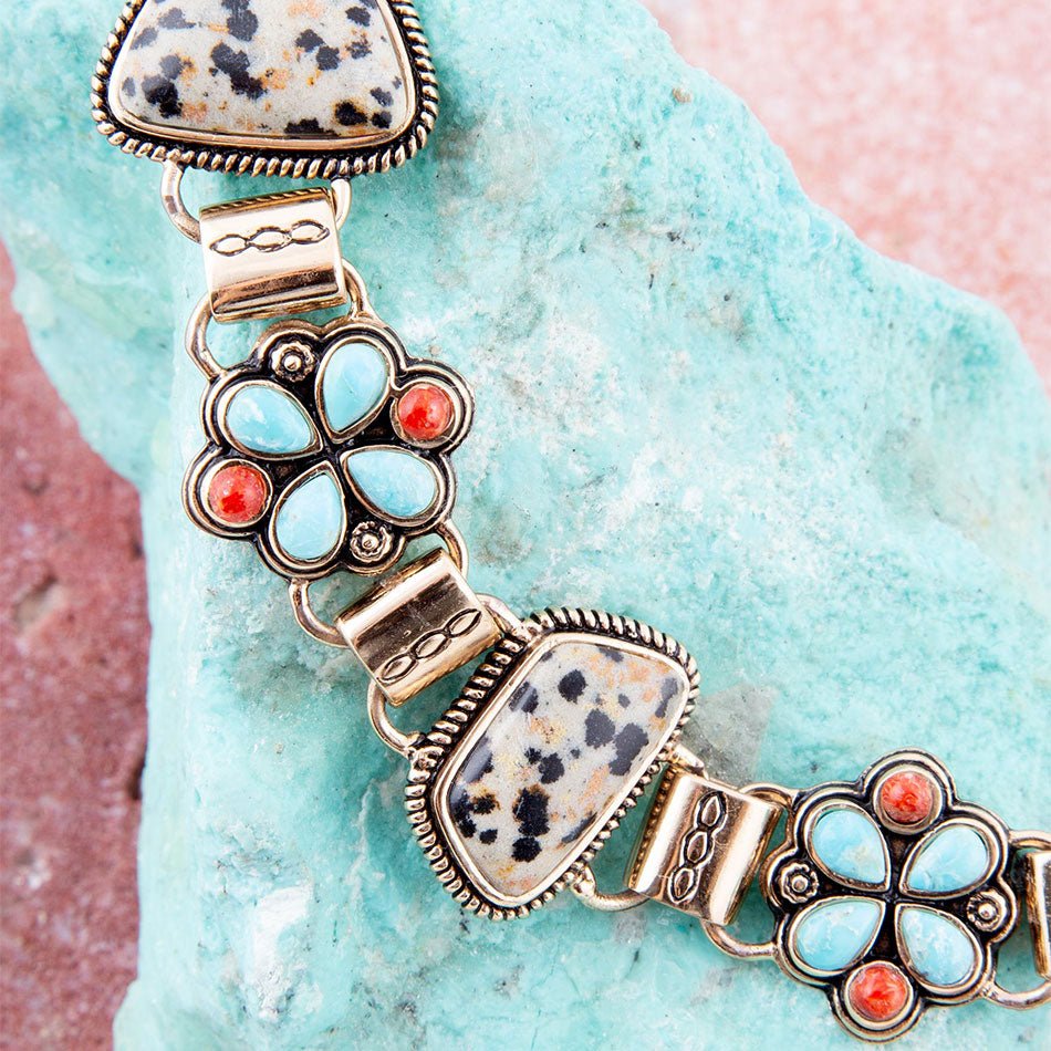 Barse Legacy Genuine Blue Turquoise, Orange Coral & Dalmatian Jasper Bronze Link Bracelet, 8.25" with Toggle Clasp