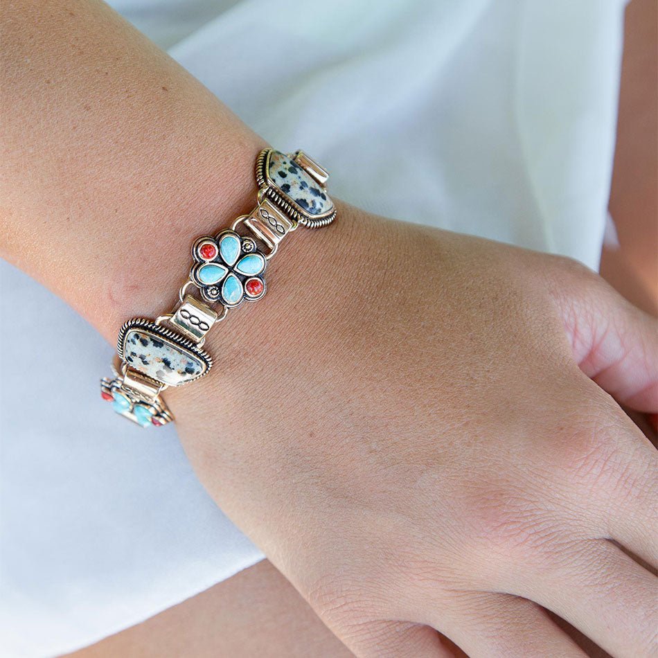 Barse Legacy Genuine Blue Turquoise, Orange Coral & Dalmatian Jasper Bronze Link Bracelet, 8.25" with Toggle Clasp