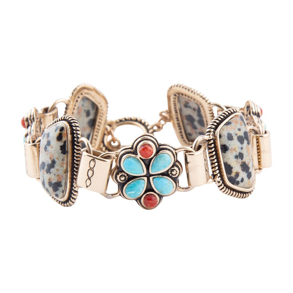 Barse Legacy Genuine Blue Turquoise, Orange Coral & Dalmatian Jasper Bronze Link Bracelet, 8.25" with Toggle Clasp