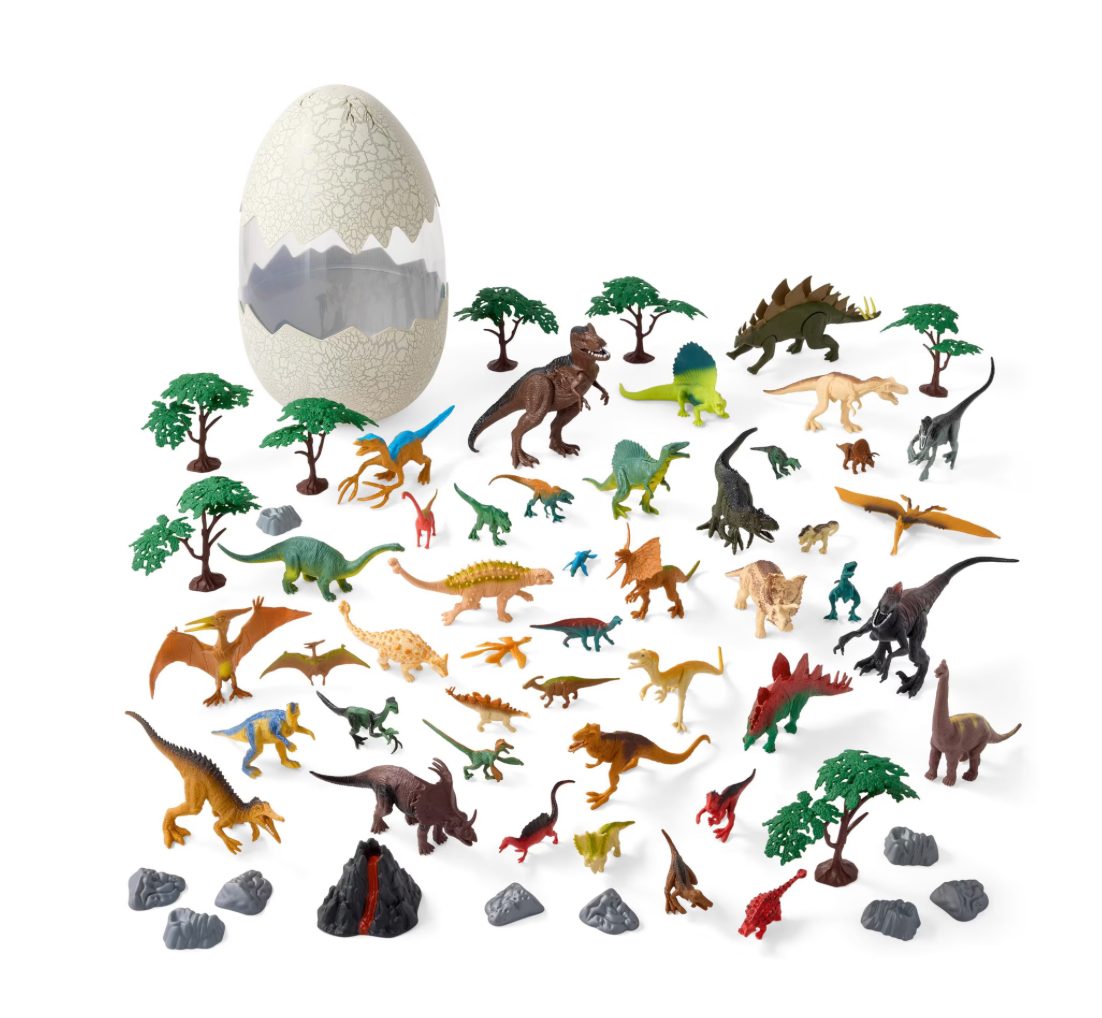 Member's Mark Giant Dino Egg Play Set 60 pieces with dinosaur figures, trees, rocks and volcano