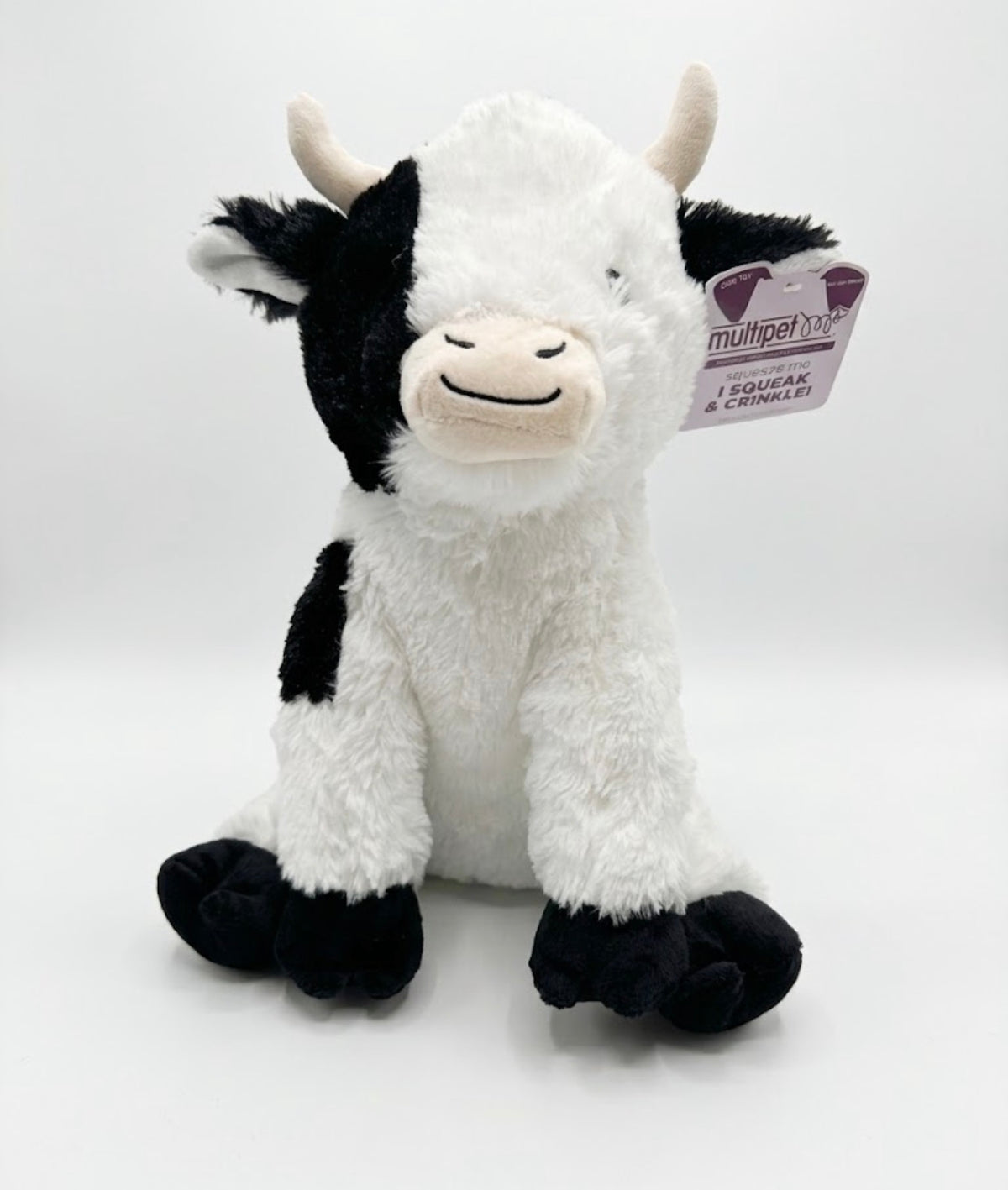 Multipet Cow Plush Dog Toy – Squeaky Crinkle Soft Black & White Stuffed Animal