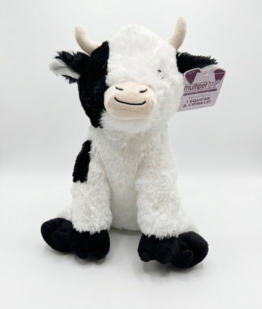 Multipet Cow Plush Dog Toy – Squeaky Crinkle Soft Black & White Stuffed Animal