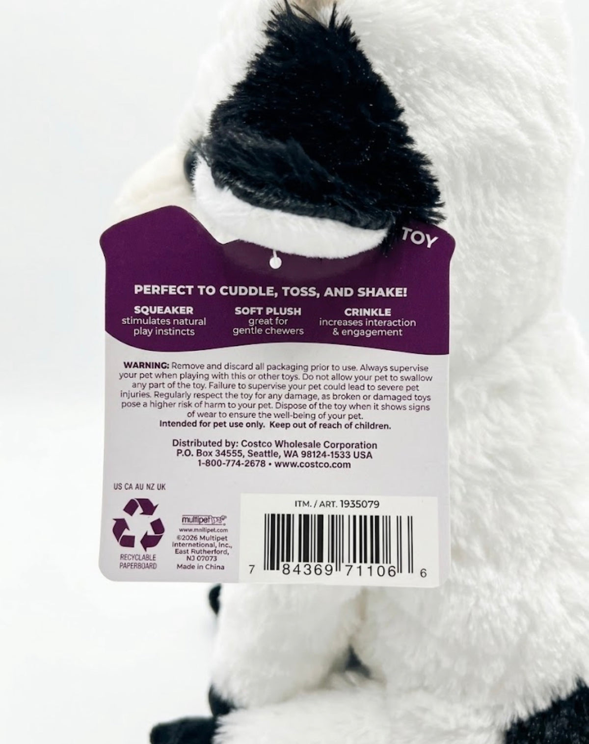 Multipet Cow Plush Dog Toy – Squeaky Crinkle Soft Black & White Stuffed Animal - view 5