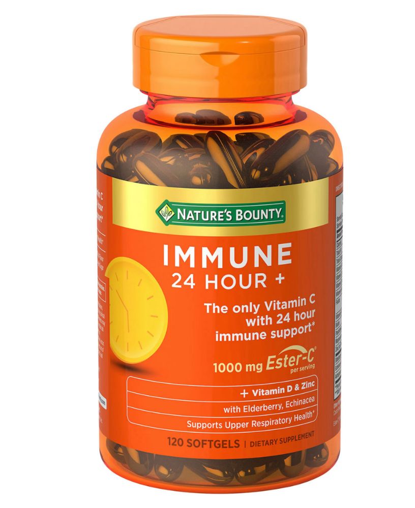 Nature's Bounty Immune 24 Hour+ 120 Softgels with 1000 mg Ester-C, front of bottle
