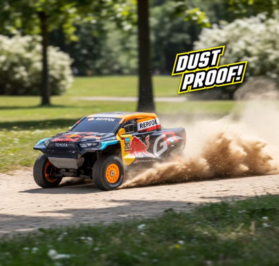 Nikko Toyota Gazoo Racing Dakar RC truck kicking up dust on a dirt path, dust proof