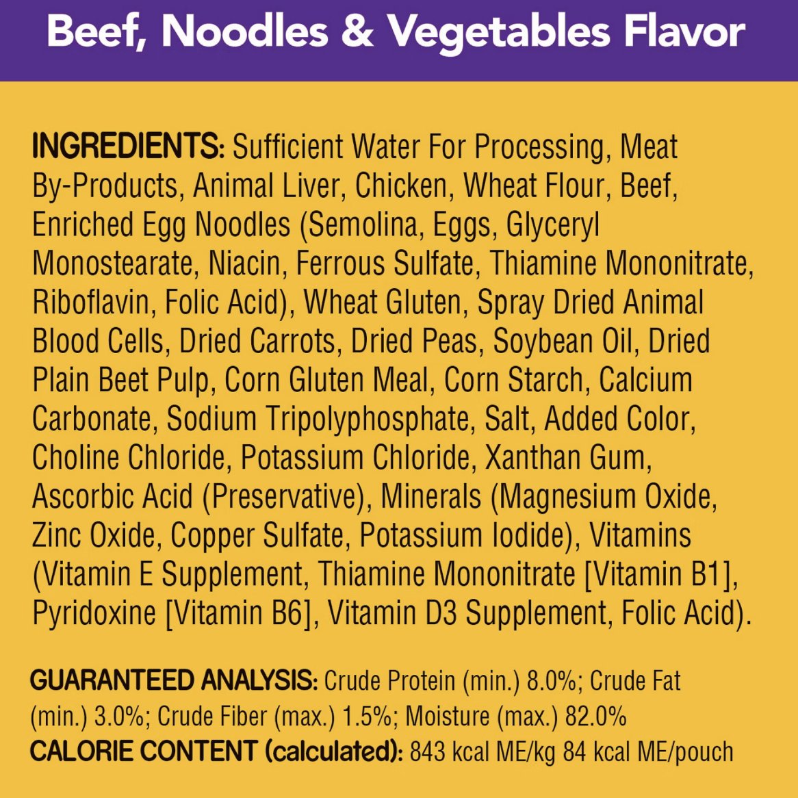 Pedigree Choice Cuts Beef, Noodles & Vegetables Flavor ingredients and guaranteed analysis