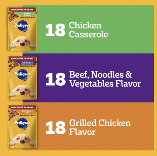 Pedigree Choice Cuts variety pack: 18 Chicken Casserole, 18 Beef Noodles & Vegetables, 18 Grilled Chicken pouches