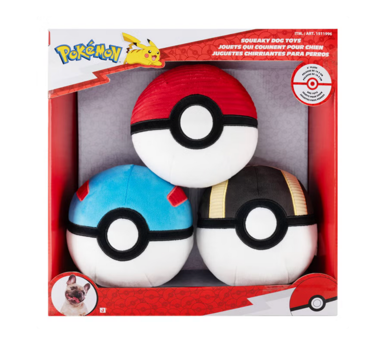 Pokémon Poké Ball Plush Squeaky Dog Toys 6 Inch 3-Pack Poké Ball, Great Ball & Ultra Ball