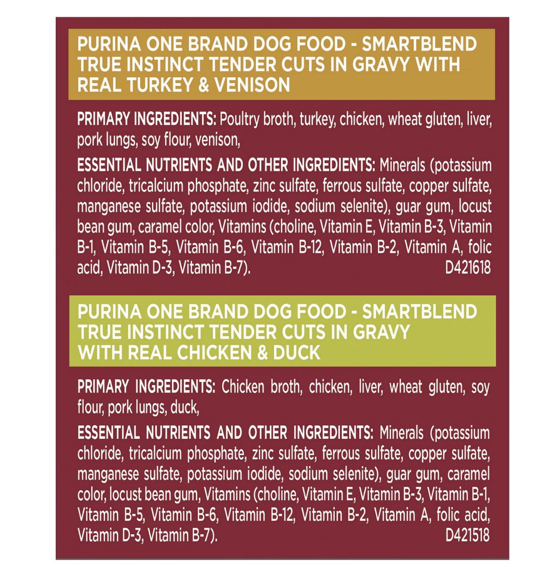 Purina ONE True Instinct Turkey & Venison and Chicken & Duck ingredients