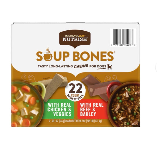 Rachael Ray Nutrish Soup Bones Variety Pack 22 Long-Lasting Dog Chews Beef & Barley and Chicken & Veggies
