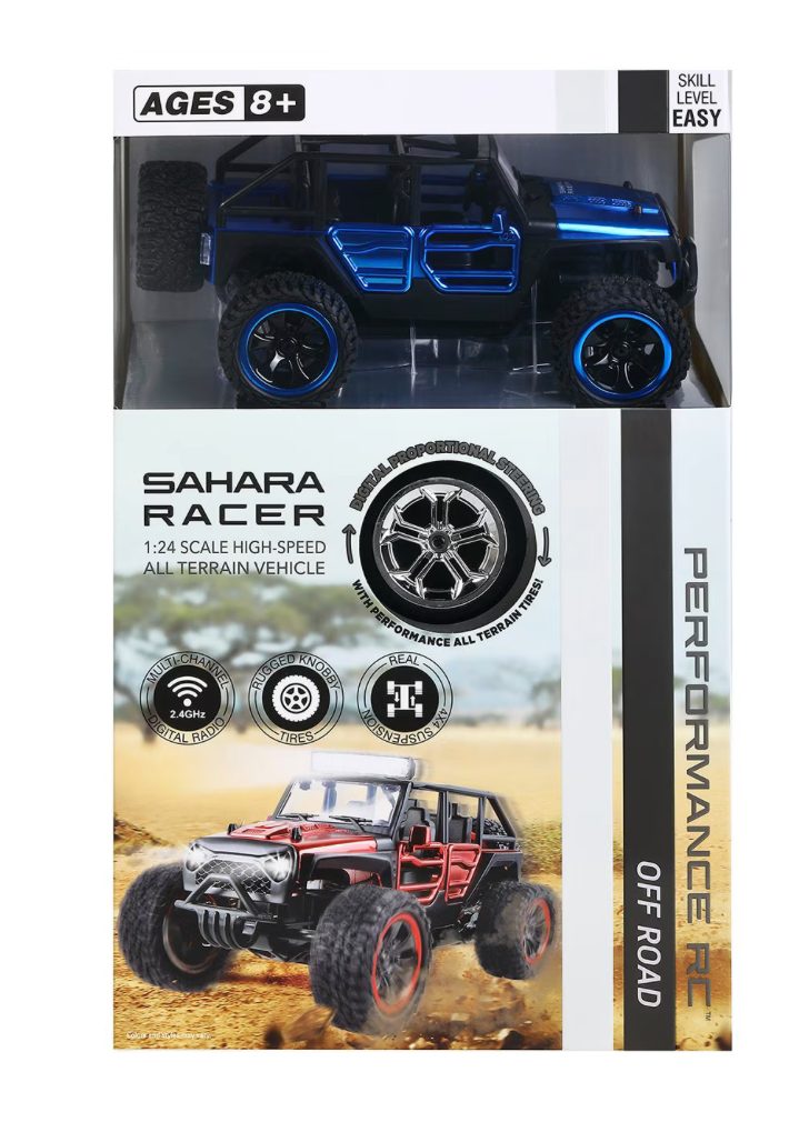 Sahara Racer 1:24 scale high-speed all-terrain RC vehicle in blue, front of box