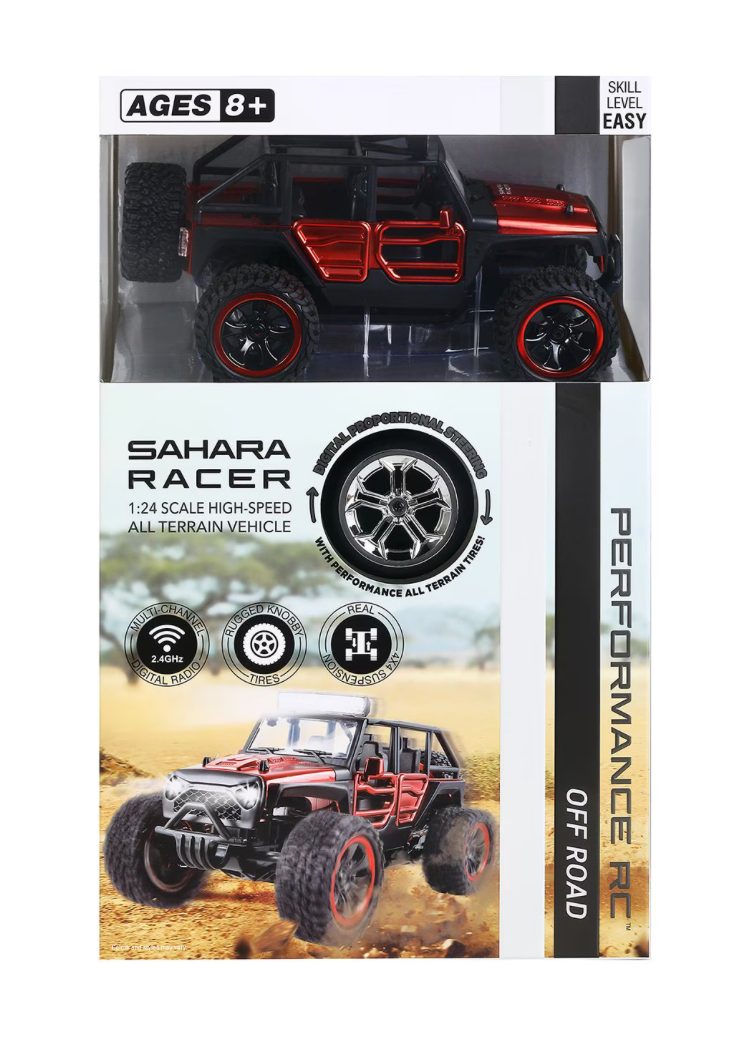 Sahara Racer 1:24 scale high-speed all-terrain RC vehicle in red, front of box