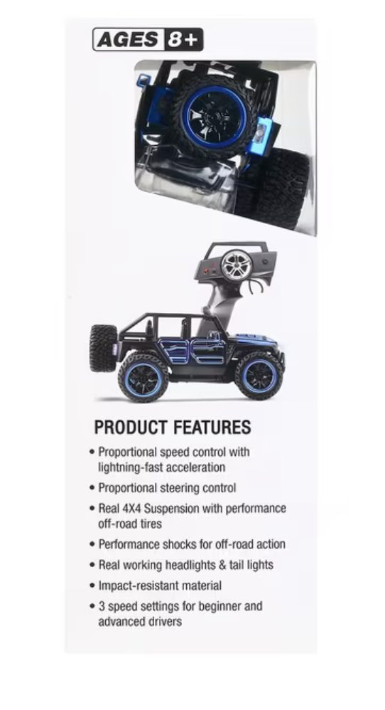 Sahara Racer blue RC vehicle product features on side of box