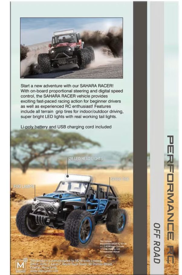 Sahara Racer RC vehicle box back showing 28 LED headlights, fog lamps and spare tire