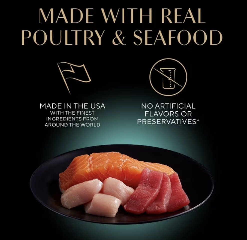Sheba wet cat food made with real poultry and seafood, made in the USA, no artificial flavors or preservatives