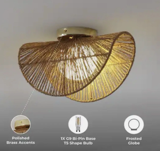 Vida Lite Sovev Boho Rattan Wall Sconce & Flush Mount Ceiling Light 5.6", Polished Brass, 1-Light - view 3