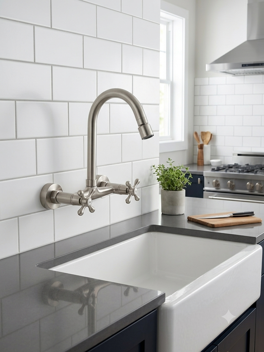 Wall Mount Kitchen Faucet with High-Arch Gooseneck Spout & Dual Cross Handles Brushed Nickel - view 2
