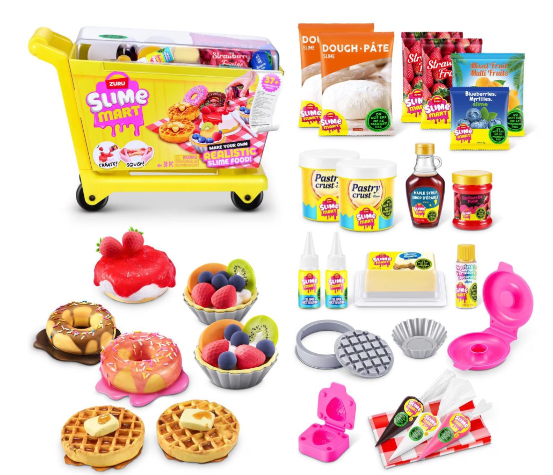 Zuru Slime Mart Shopping Cart Combo Pack with slime ingredients, molds and finished slime waffles, donuts and tarts